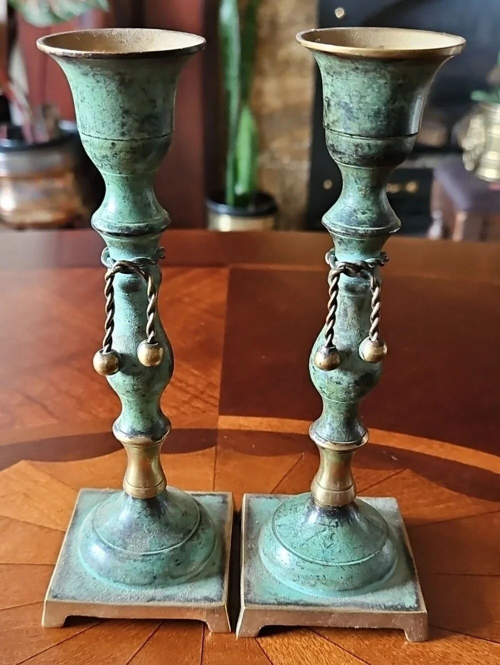 Patinated Brass Candlesticks - Green Verdigris Finish
